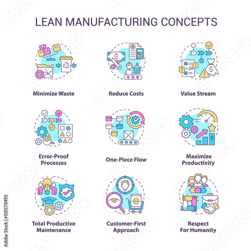 Lean manufacturing concept icons set. Machine industry. Continuous production idea thin line color illustrations. Isolated symbols. Editable stroke. Roboto-Medium, Myriad Pro-Bold fonts used