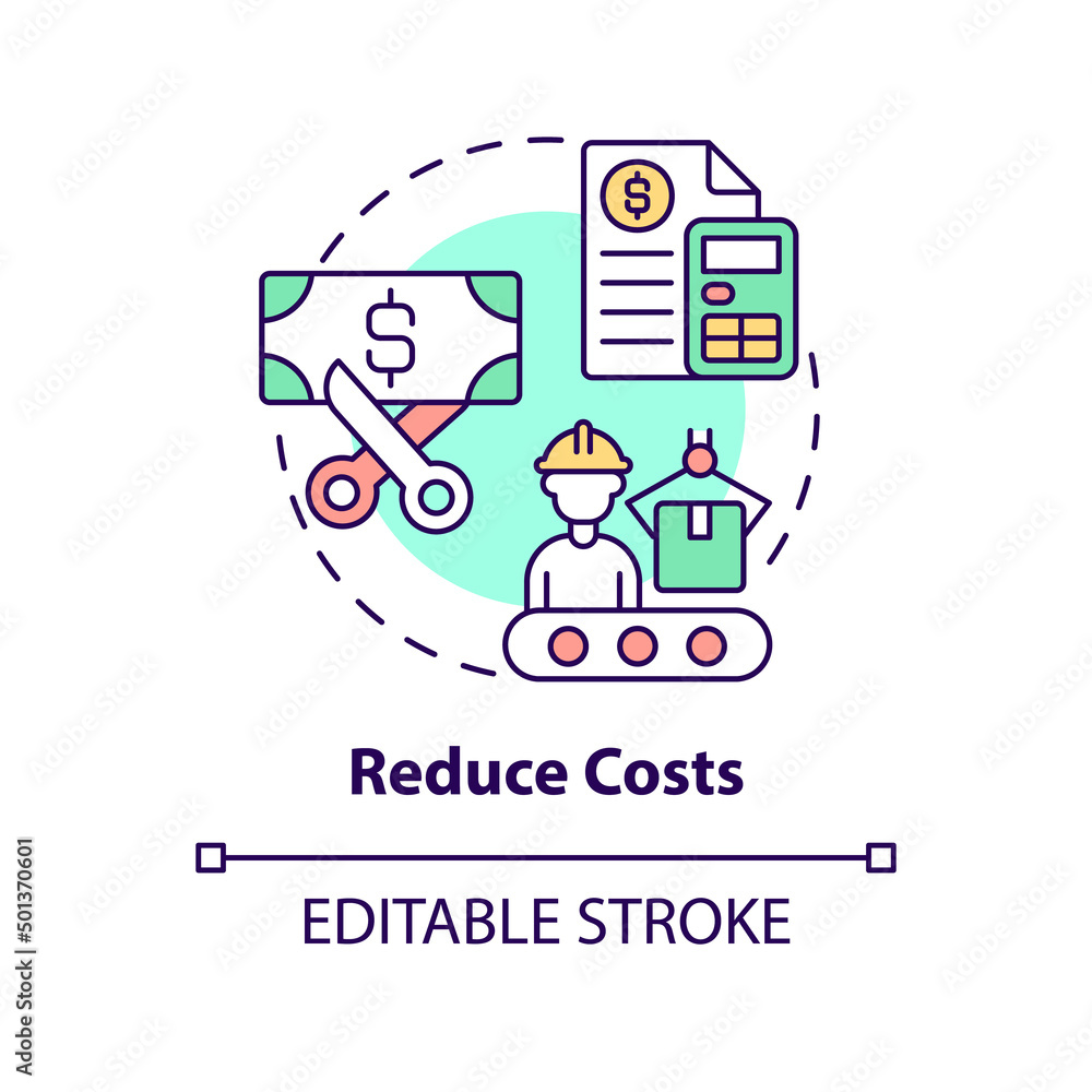 Reduce costs concept icon. Production principle. Purpose of lean manufacturing abstract idea thin line illustration. Isolated outline drawing. Editable stroke. Arial, Myriad Pro-Bold fonts used