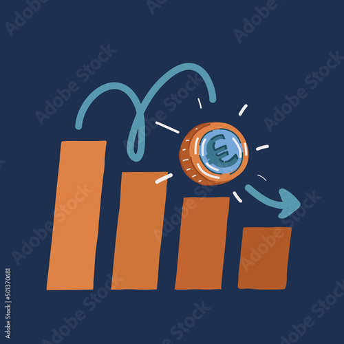 Cartoon vector illustration of euro on declining chart. European Union economy. The economic crisis in America. Decrease in profit. Recession.