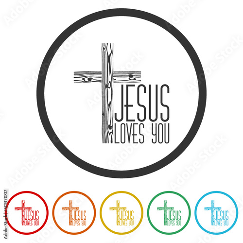 Jesus loves you, Christian Quote icon. Set icons colorful