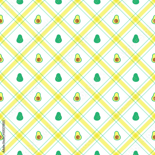 Cute Half Avocado Fruit Vegetable Element Yellow Green Diagonal Stripe Striped Line Tilt Checkered Plaid Tartan Buffalo Scott Gingham Pattern Flat Cartoon Vector Seamless Pattern Print Background Food