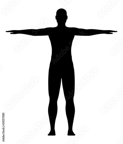 Athletic man training with outstretched hands pose, silhouette vector illustration.