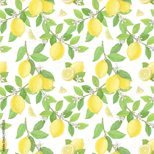 Lemons on a flowering tree, seamless pattern, floral ornament. Hand drawn botanical illustration. Image for textile, wallpaper, wrapping paper.