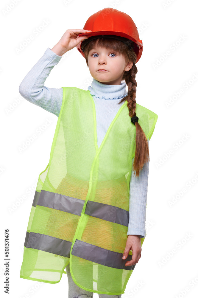Preschool engineer girl in helmet pretending to be construction worker on white isolated background Preschool engineer girl in helmet pretending to be construction worker on white isolated background