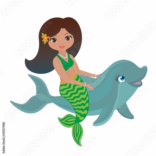 Cute mermaid having fun with dolphin calf. Both having fun while she is riding. Isolated on white background. Vector illustration.