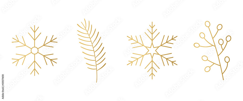 set of golden line christmas, winter decoration elements: snowflakes, fir tree and holly berries- vector illustration