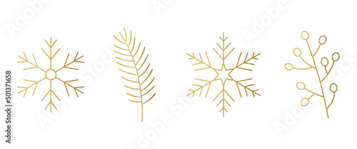 set of golden line christmas, winter decoration elements: snowflakes, fir tree and holly berries- vector illustration © chrupka