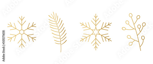 set of golden line christmas, winter decoration elements: snowflakes, fir tree and holly berries- vector illustration