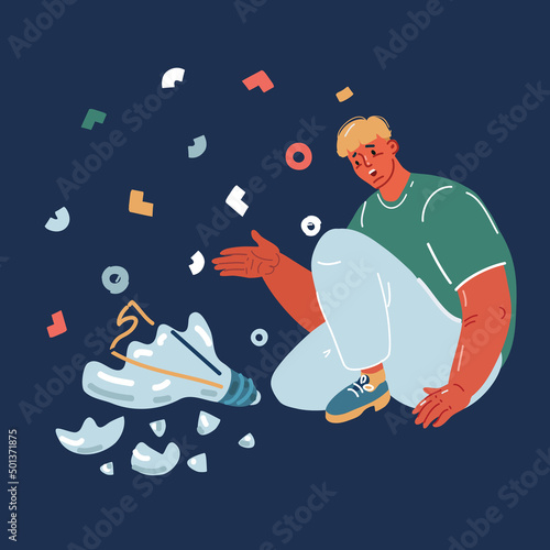 Cartoon vector illustration of Uninspired motivation after business failure, burnout or exhausted from crisis, no new idea, depressed man sadly standing with fail old broken lightbulb idea.