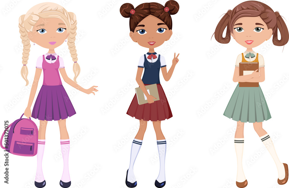 Vector set of three schoolgirl girls in the form of different colors Vector set of three schoolgirl girls in the form of different colors