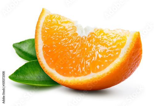 Orange slice isolated. Cut orange slice with leaves on white background. Orang fruit with clipping path. Full depth of field.