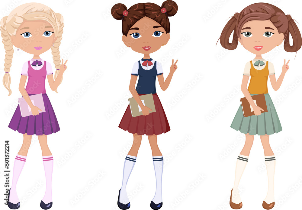 Vector set of three schoolgirl girls in the form of different colors Vector set of three schoolgirl girls in the form of different colors