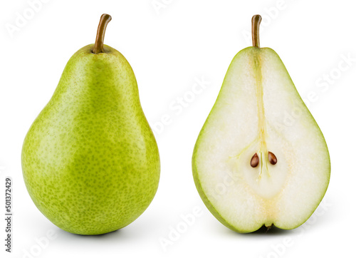 Pear isolated. One whole green pear and a half of fruit on white background. Pear slice. With clipping path. Full depth of field. photo