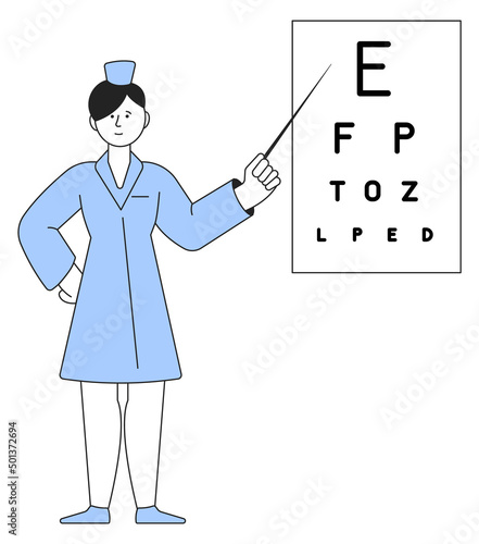 Female doctor with eye chart table. Vision test icon
