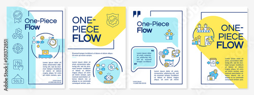 One piece flow yellow and blue brochure template. Lean manufacturing. Leaflet design with linear icons. 4 vector layouts for presentation, annual reports. Questrial, Lato-Regular fonts used