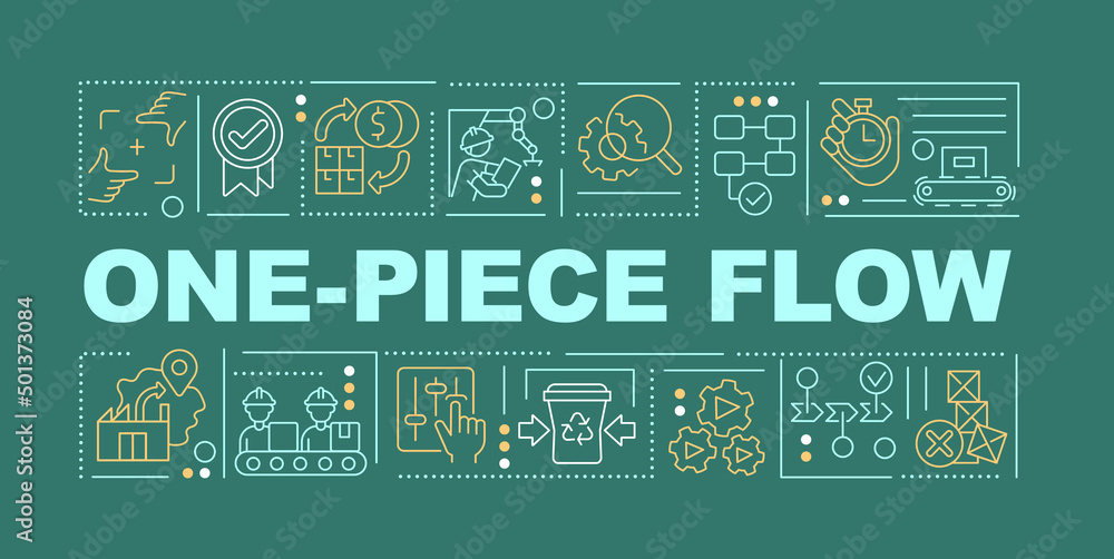 One piece flow word concepts dark green banner. Lean manufacturing. Infographics with icons on color background. Isolated typography. Vector illustration with text. Arial-Black font used One piece flow word concepts dark green banner. Lean manufacturing. Infographics with icons on color background. Isolated typography. Vector illustration with text. Arial-Black font used