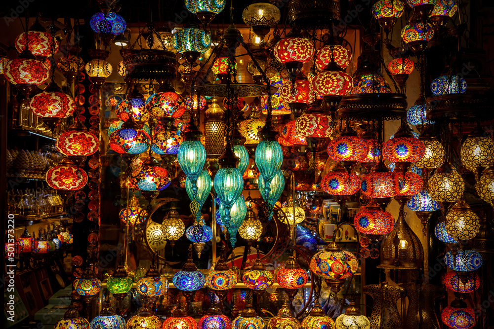 Many Turkish mosaic lamps, oriental traditional light