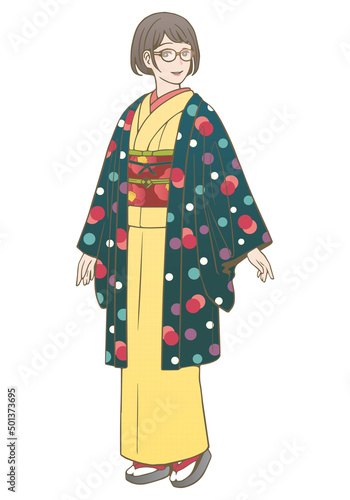 カジュアル羽織（着物）を着た女性のベクターイラスト