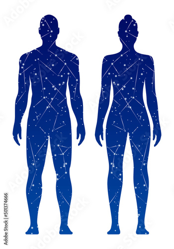 Man and woman silhouettes with galaxy, space, or stars inside the body, spiritual vector illustration isolated on white background.