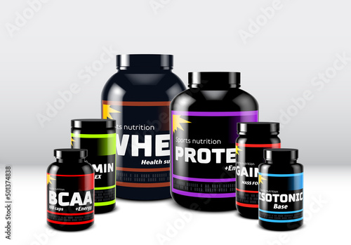 Set of sport supplement cans and jars. Sport food containers for fitness and healthy lifestyle. Protein, whey, gainer, BCAA, isotonic and vitamins.