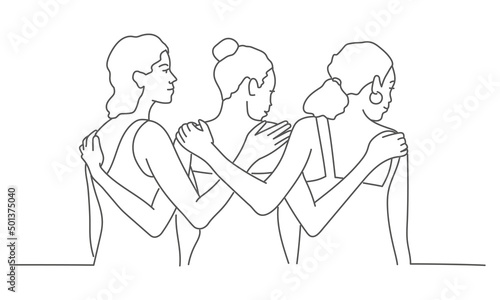 Back view of three women supporting each other.