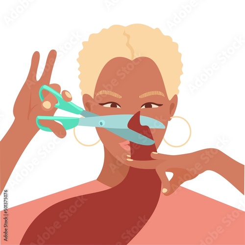 Barber doing haircut and hairstyle for client. Hairstylist working in a hairdressing salon. Colored hand-drawn vector flat illustration isolated on white background.
