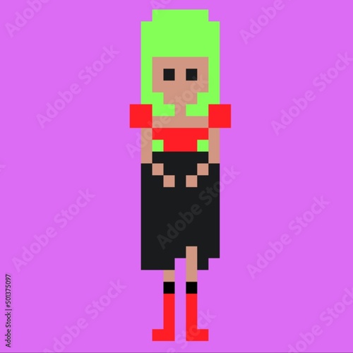 beautiful girl with green hair wearing a red and black dress. pixel illustration © bernadetha