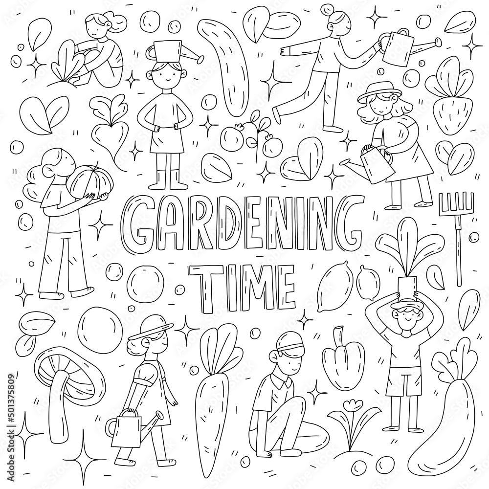 Fototapeta Doodle black and white vector gardening set with women and boys, local gardening, plants, vegetables, fruits collection. for design, coloring, web.