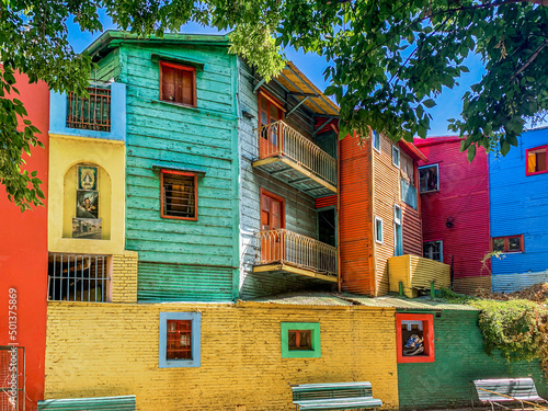 Argentina, Buenos Aires, el  Caminito, colourful  houses in the district of La Boca.	
 photo