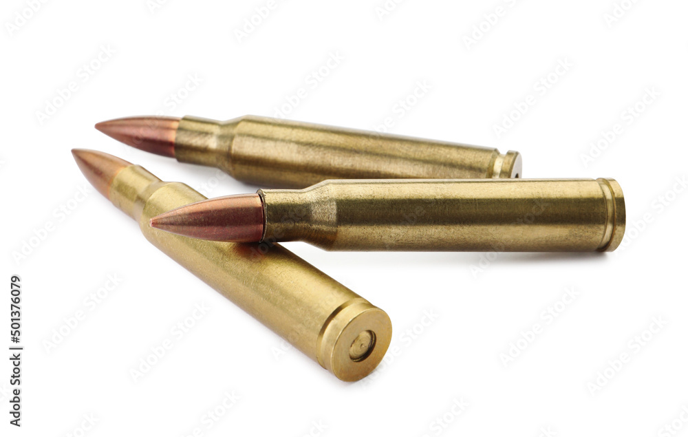 Three bullets on white background. Military ammunition Three bullets on white background. Military ammunition