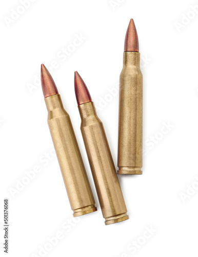 Canvas Print Three bullets on white background, top view. Military ammunition