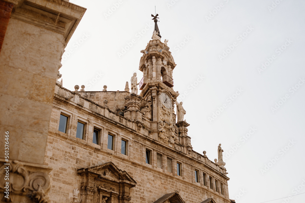 Detail of the clock in the Church of Santos Juanes, located in the city of Valencia, in front of the Lonja de la Seda and next to the Central Market.