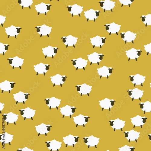seamless sheep pattern. Little white sheep. Mustard background. Fashionable print for textiles, wallpaper and packaging.