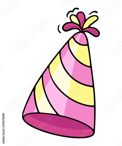 Paper cone cap, party hat, festive paraphernalia for a holiday, birthday, decoration of a fun party, vector design element in the style of doodles, isolated on a white background