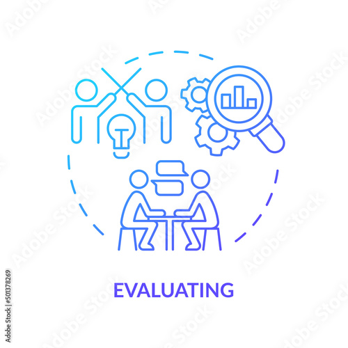 Evaluating blue gradient concept icon. Innovation management abstract idea thin line illustration. Market potential. Commercial success. Isolated outline drawing. Myriad Pro-Bold font used