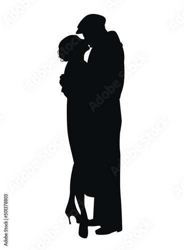 Silhouette of kissing couple, wearing retro style clothes, isolated on white background