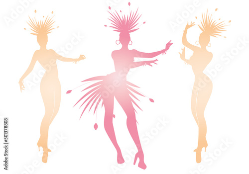 Silhouettes of three vedettes dancing in music-hall clothes. Girls dressed for Carnival, isolated on white background