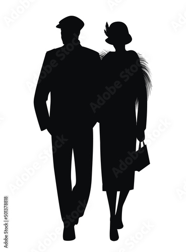 Walking couple silhouettes wearing retro style clothes, isolated on white background