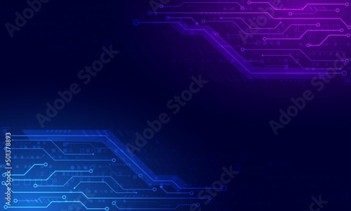 circuit board technology background. purple and blue light  banner.electronic system concept.