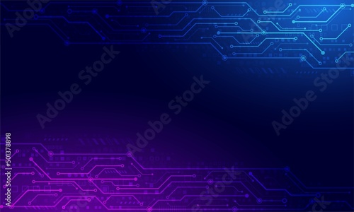 circuit board technology background. purple and blue light  banner.electronic system concept.