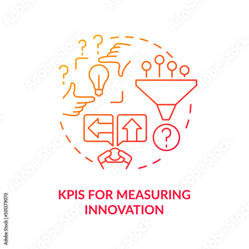 KPIs for measuring innovation red gradient concept icon. Barrier of innovation management abstract idea thin line illustration. Performance metric. Isolated outline drawing. Myriad Pro-Bold font used
