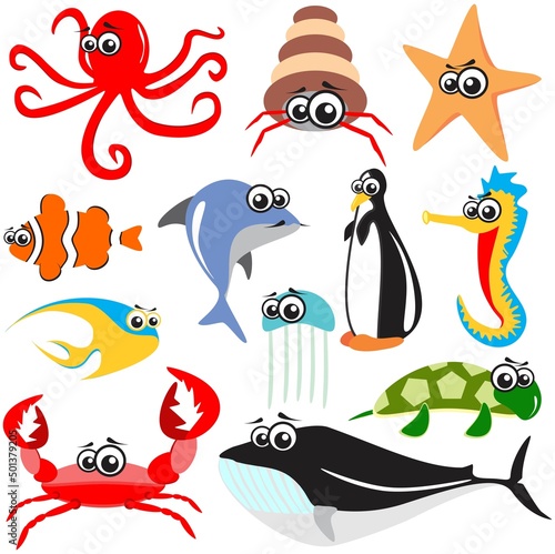 Cartoon sea animals characters set with same eyes expression showing anger and stupidity funny characteristics vector fish octopus turtle whale jellyfish penguin crab starfish snail shark walrus clown