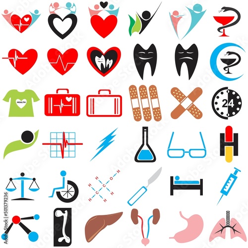 Medical signs and symbols set with event concept male female healthy life style heartbeat and dentist pharmacy logo liver urinary system stomach lungs also injection glass bone radioactive 