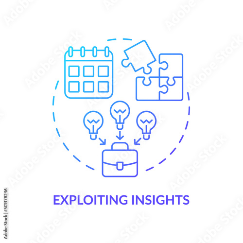 Exploiting insights blue gradient concept icon. Innovation management abstract idea thin line illustration. Build insightful knowledge. Isolated outline drawing. Myriad Pro-Bold font used