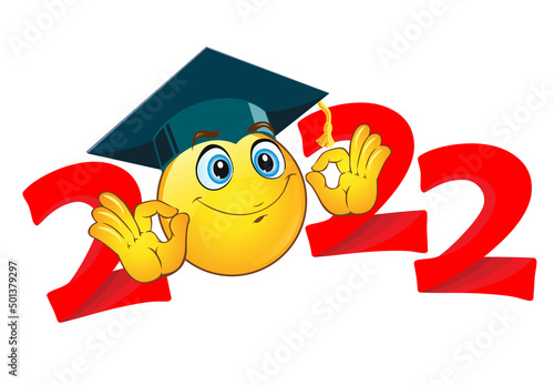 2022  emoji smile in graduation cap. Template for greeting, invitation card graduation party.  Vector on transparent  background