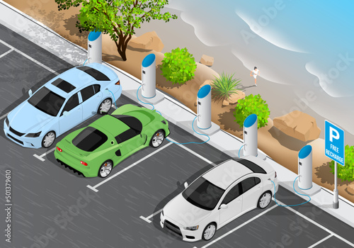 Isometric free electric car parking and charging near the sea. Ecological green planet concept.	