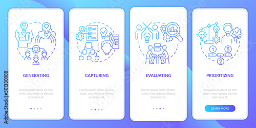 Innovation management phases blue gradient onboarding mobile app screen. Walkthrough 4 steps graphic instructions pages with linear concepts. UI  UX  GUI template. Myriad Pro-Bold  Regular fonts used