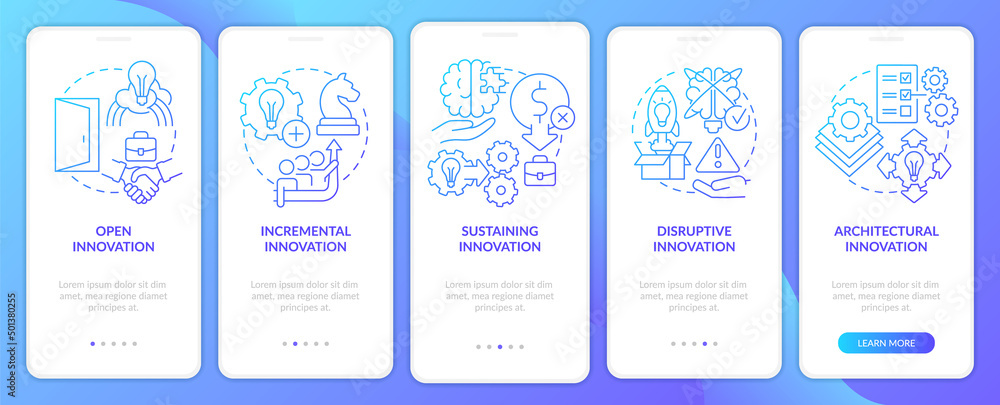 Forms of innovation blue gradient onboarding mobile app screen. Walkthrough 5 steps graphic instructions pages with linear concepts. UI, UX, GUI template. Myriad Pro-Bold, Regular fonts used