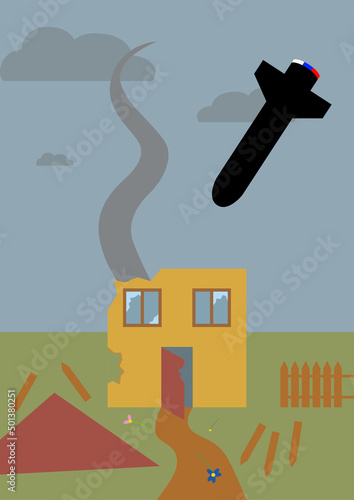 Destroyed house due to missile. Ukranian and Russian war. Help Ukraine. Picture drawn by a child