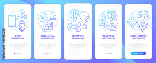 Forms of innovation blue gradient onboarding mobile app screen. Walkthrough 5 steps graphic instructions pages with linear concepts. UI, UX, GUI template. Myriad Pro-Bold, Regular fonts used